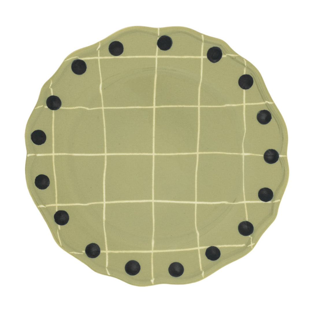 Plato llano con cuadros y puntos verde